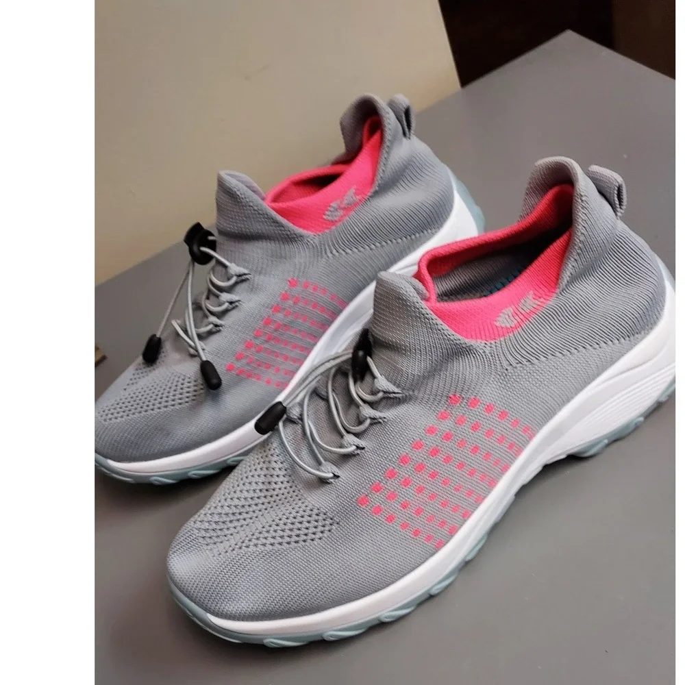 MDDR TikTok Walking Shoes Womens 10 Gray Pink Bungee Lace Knit Mesh Sneakers